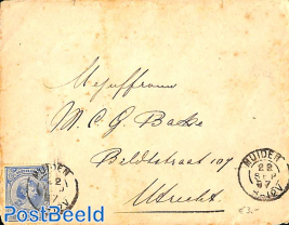 small cover from Muiden to Utrecht. See Muiden postmark. Princess Wilhelmina 5cent
