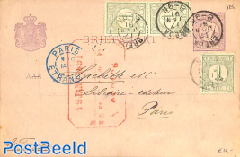 Briefkaart from Breda to Paris, see postmarks. Drukwerkzegels cijfers
