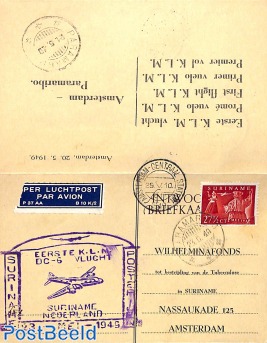 Reply paid postcard, first flight Amsterdam-Paramaribo