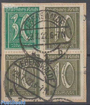 Germania and Numbers, block with 1x30Pf and 3x10Pf, used on piece of letter