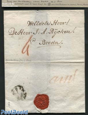 Letter from Amsterdam to Breda, wax seal, paid 4 stuiver