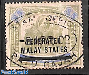 Federated Malay States, 5$, (fiscally) used