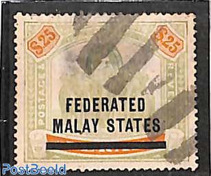 Federated Malay States, 25$, (fiscally) used