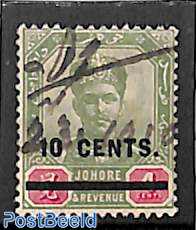 Johore, 10c on 4c, (fiscally) used