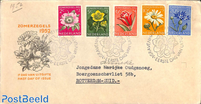Flowers 5v, FDC, typed address, closed flap, open top