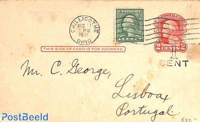Reply paid postcard 1on2/1on2c from CHILLICOTHE to Lisboa